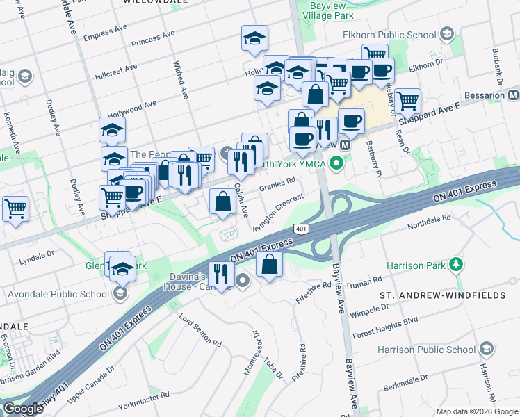 map of restaurants, bars, coffee shops, grocery stores, and more near 12 Vonda Avenue in Toronto