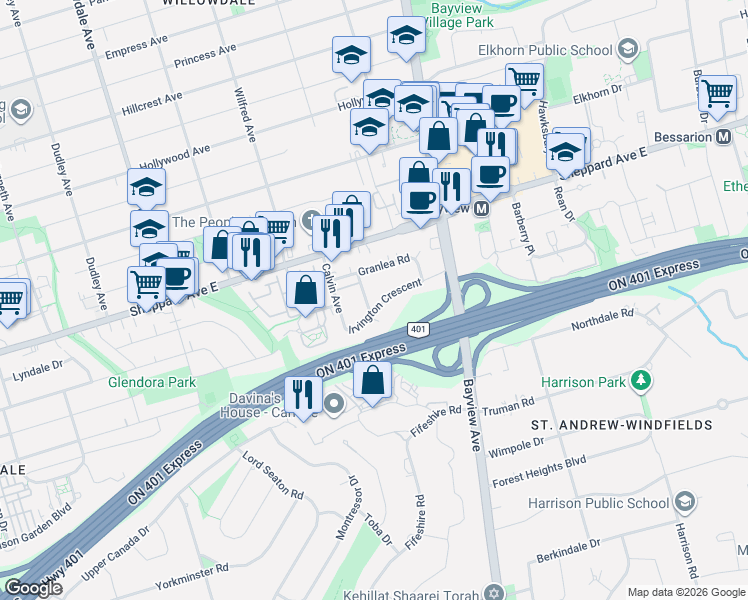 map of restaurants, bars, coffee shops, grocery stores, and more near 18 Irvington Crescent in Toronto