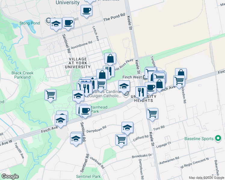 map of restaurants, bars, coffee shops, grocery stores, and more near 21 Four Winds Drive in Toronto
