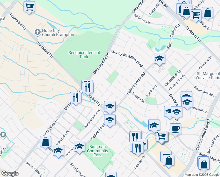 map of restaurants, bars, coffee shops, grocery stores, and more near 29 Sherbrooke Street in Brampton
