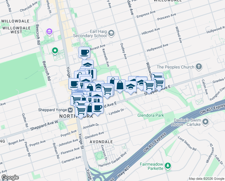 map of restaurants, bars, coffee shops, grocery stores, and more near 10 Kenneth Avenue in Toronto