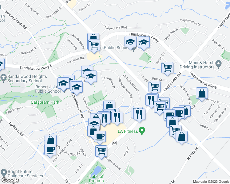 map of restaurants, bars, coffee shops, grocery stores, and more near 57 Snow Leopard Court in Brampton