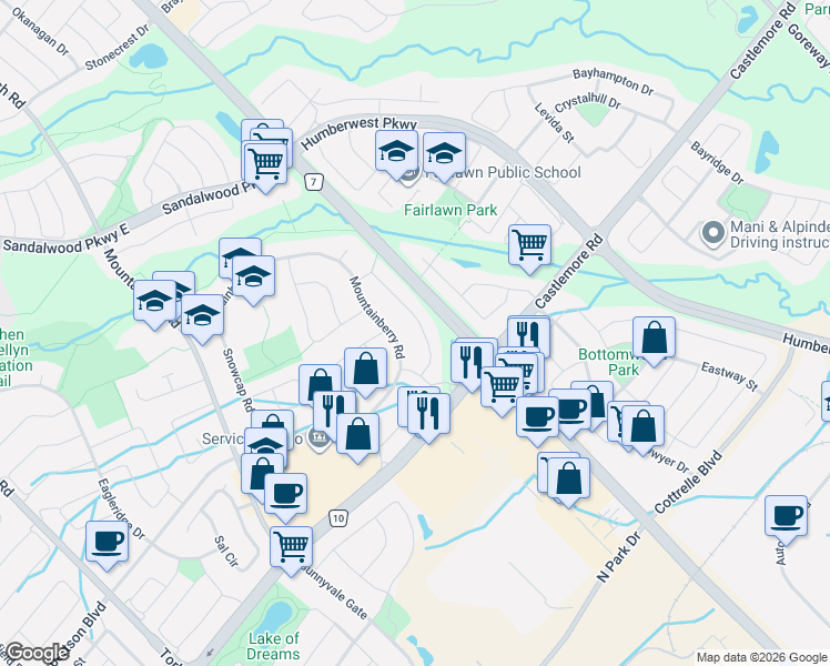 map of restaurants, bars, coffee shops, grocery stores, and more near 28 Mount Fuji Crescent in Brampton