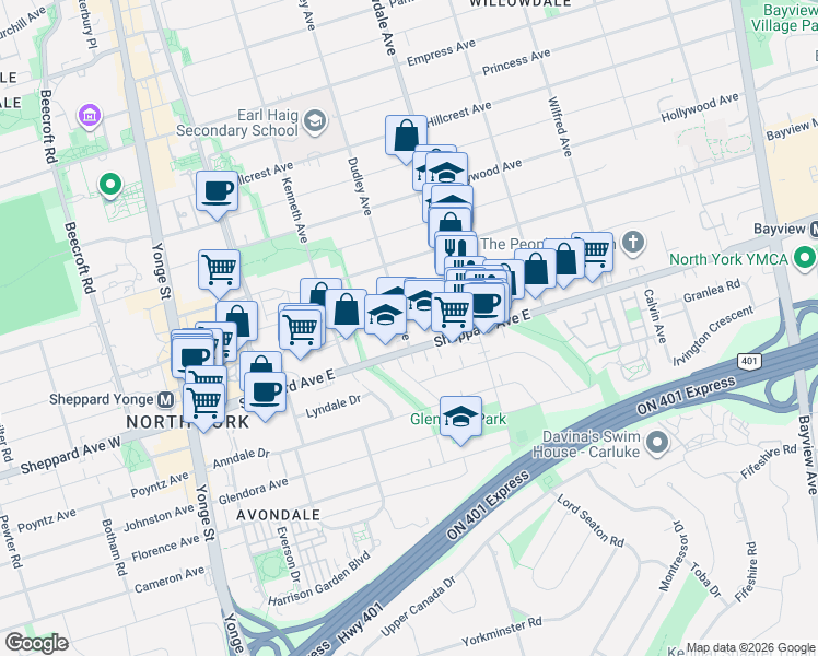 map of restaurants, bars, coffee shops, grocery stores, and more near 189 Maplehurst Avenue in Toronto