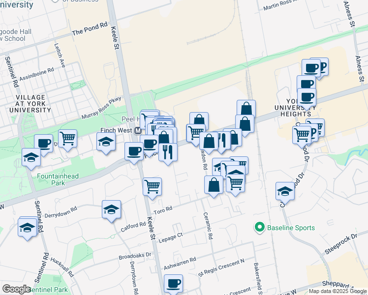 map of restaurants, bars, coffee shops, grocery stores, and more near 1275 Finch Avenue West in Toronto