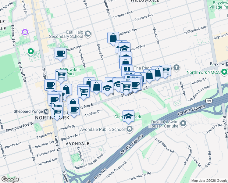 map of restaurants, bars, coffee shops, grocery stores, and more near 189 Maplehurst Avenue in Toronto
