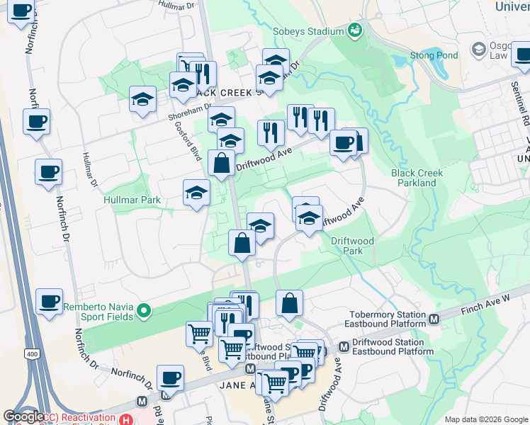 map of restaurants, bars, coffee shops, grocery stores, and more near 54 Laskay Crescent in Toronto