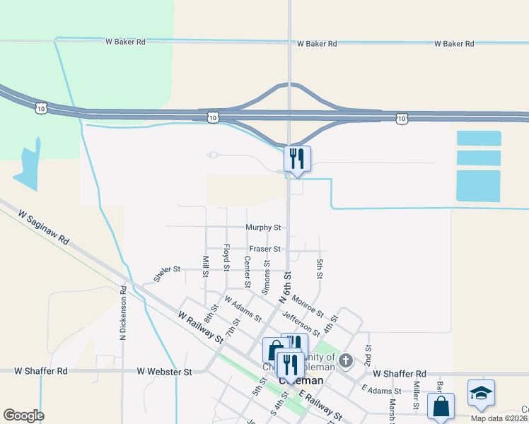 map of restaurants, bars, coffee shops, grocery stores, and more near 204 Murphy Street in Coleman