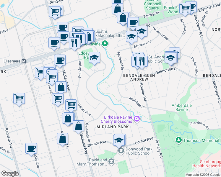 map of restaurants, bars, coffee shops, grocery stores, and more near 9 Waterfield Drive in Toronto