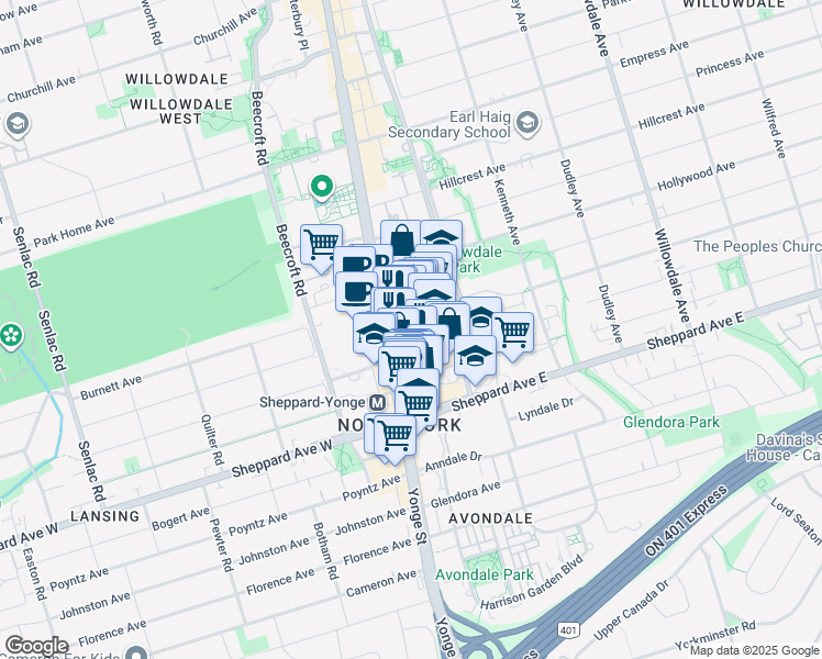map of restaurants, bars, coffee shops, grocery stores, and more near 30 Greenfield Avenue in Toronto