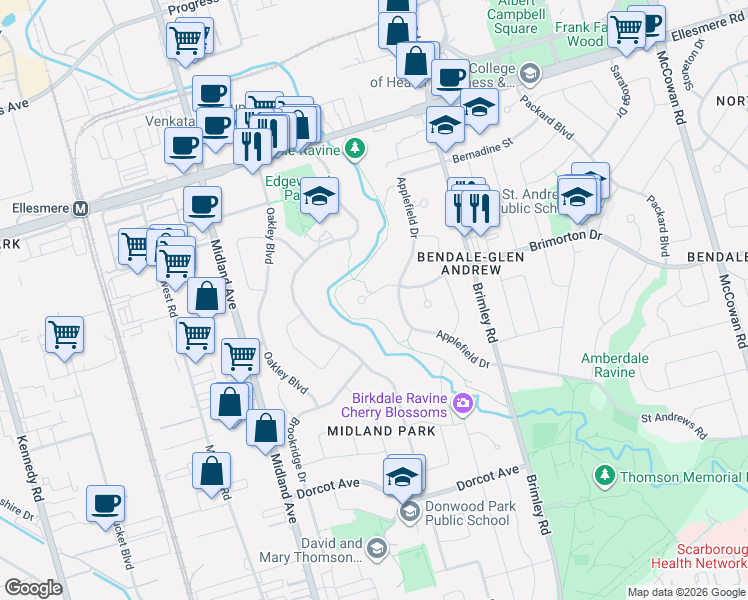 map of restaurants, bars, coffee shops, grocery stores, and more near 9 Waterfield Drive in Toronto