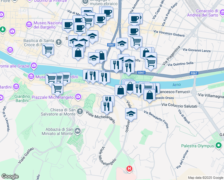 map of restaurants, bars, coffee shops, grocery stores, and more near 1 Lungarno Benvenuto Cellini in Firenze