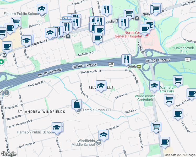 map of restaurants, bars, coffee shops, grocery stores, and more near 59 Hopperton Drive in Toronto
