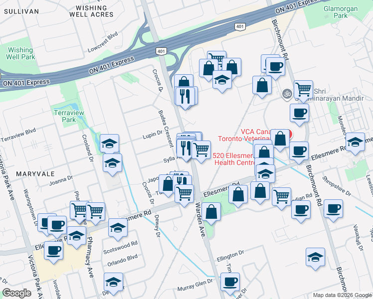 map of restaurants, bars, coffee shops, grocery stores, and more near 1554 Warden Avenue in Toronto