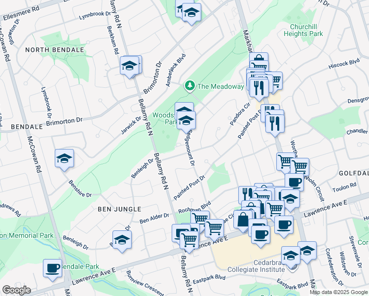 map of restaurants, bars, coffee shops, grocery stores, and more near in Toronto