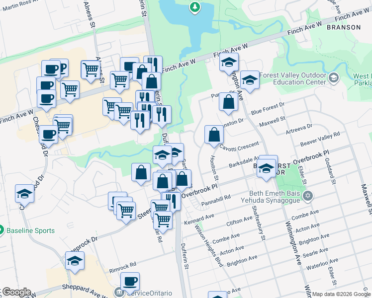 map of restaurants, bars, coffee shops, grocery stores, and more near in Toronto