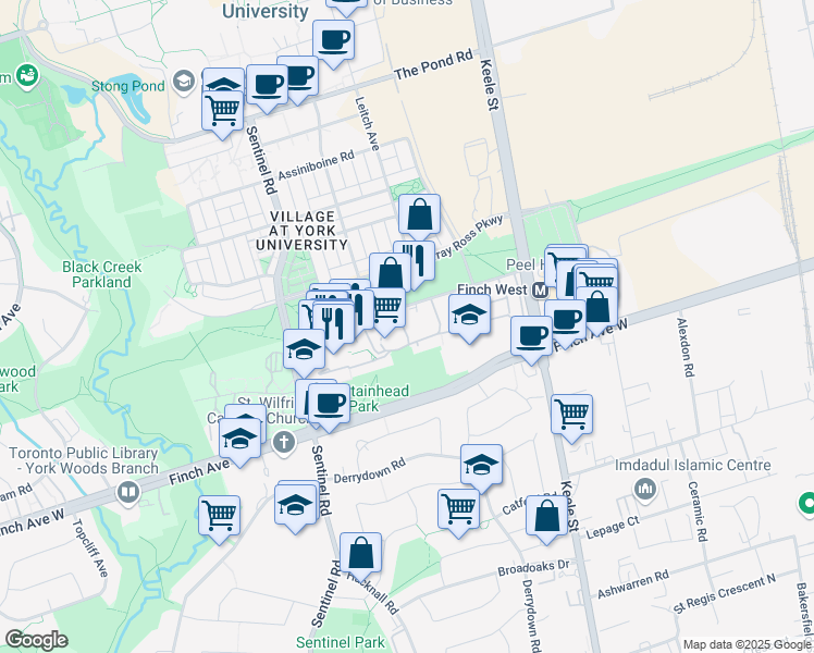 map of restaurants, bars, coffee shops, grocery stores, and more near 35 Four Winds Drive in Toronto