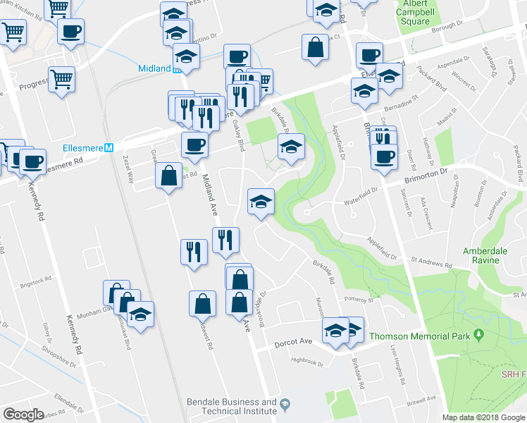 map of restaurants, bars, coffee shops, grocery stores, and more near 201 Birkdale Road in Toronto