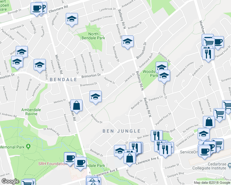 map of restaurants, bars, coffee shops, grocery stores, and more near 61 Jarwick Drive in Toronto