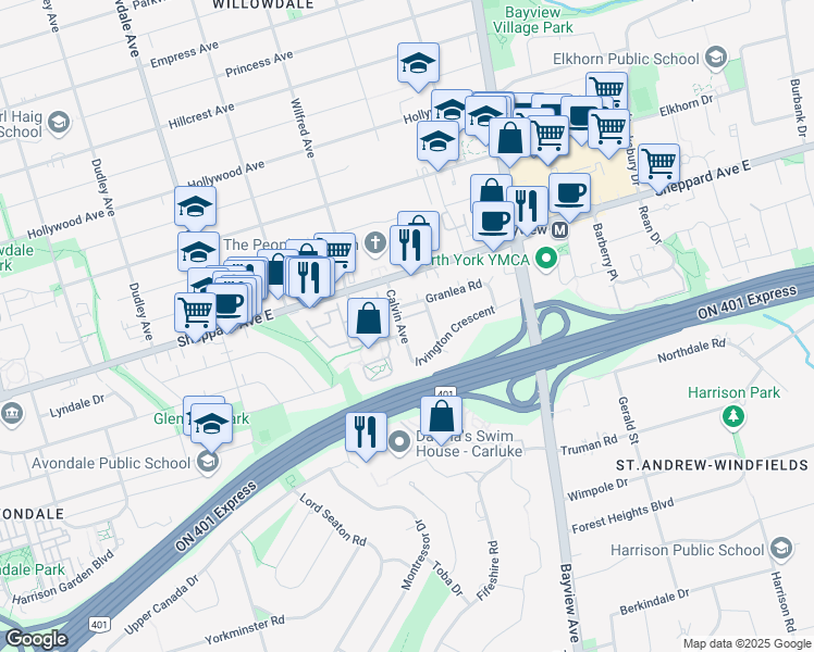 map of restaurants, bars, coffee shops, grocery stores, and more near 17 Calvin Avenue in Toronto