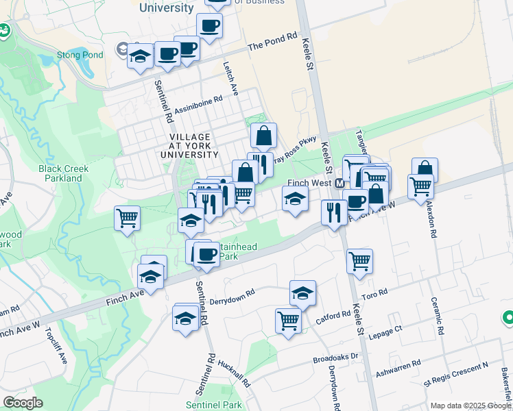 map of restaurants, bars, coffee shops, grocery stores, and more near 25 Four Winds Drive in Toronto