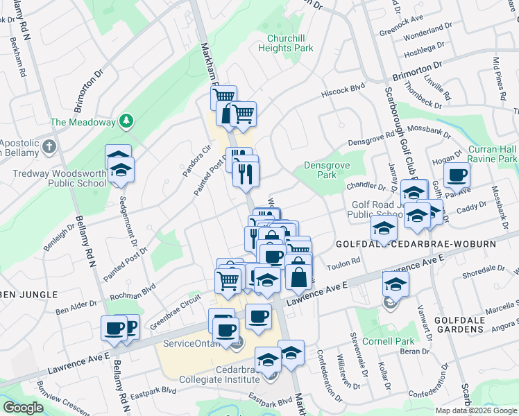 map of restaurants, bars, coffee shops, grocery stores, and more near 733 Markham Road in Toronto