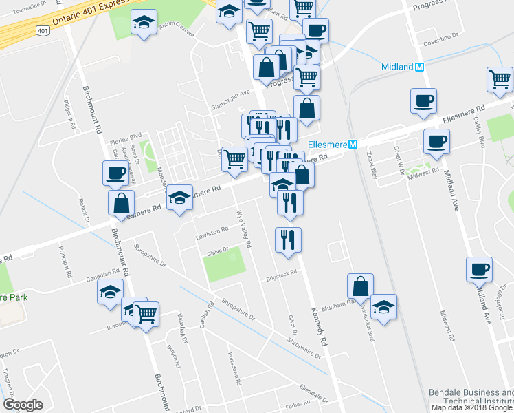 map of restaurants, bars, coffee shops, grocery stores, and more near 110 Gilroy Drive in Toronto