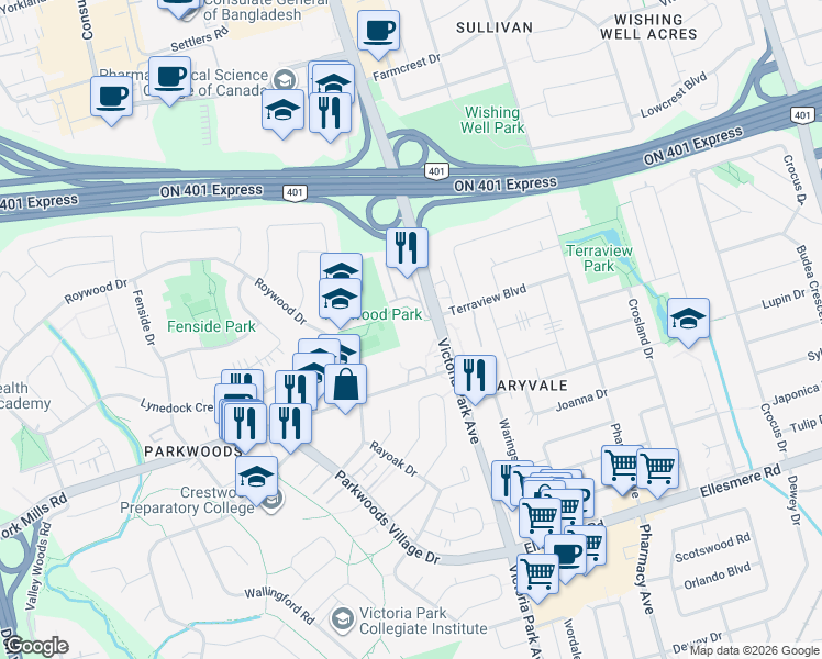 map of restaurants, bars, coffee shops, grocery stores, and more near 2250 Victoria Park Avenue in Toronto