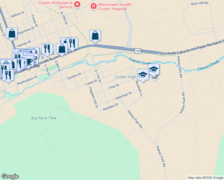 map of restaurants, bars, coffee shops, grocery stores, and more near Park Ave in Custer