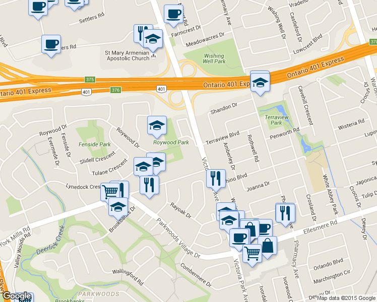 map of restaurants, bars, coffee shops, grocery stores, and more near 2250 Victoria Park Avenue in Toronto