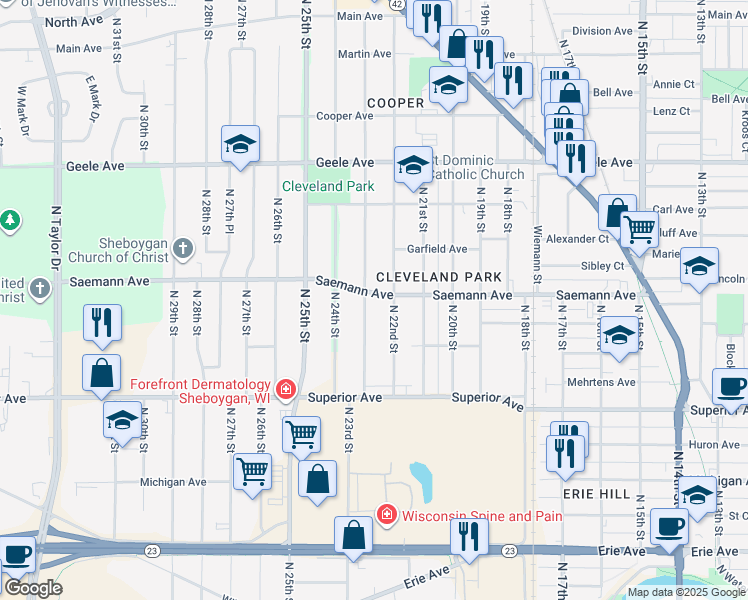 map of restaurants, bars, coffee shops, grocery stores, and more near 2217 Saemann Avenue in Sheboygan