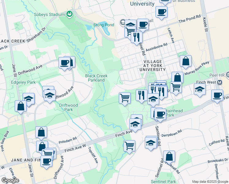 map of restaurants, bars, coffee shops, grocery stores, and more near 500 Murray Ross Parkway in Toronto