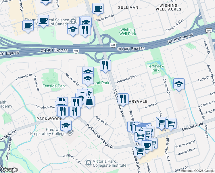 map of restaurants, bars, coffee shops, grocery stores, and more near 1360 York Mills Road in Toronto