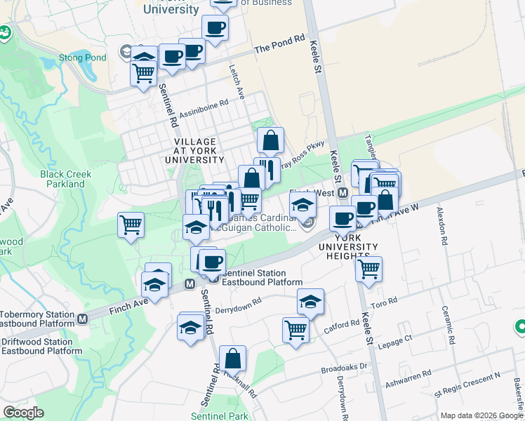 map of restaurants, bars, coffee shops, grocery stores, and more near 25 Four Winds Drive in Toronto