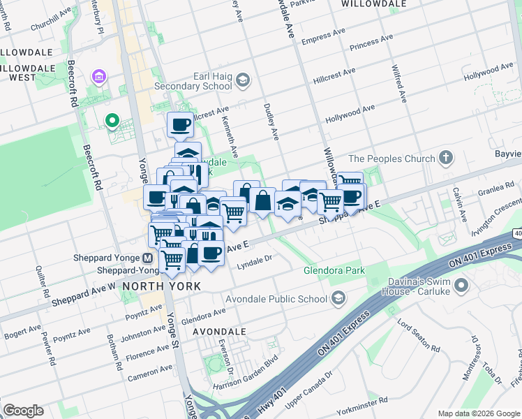 map of restaurants, bars, coffee shops, grocery stores, and more near 5 Kenneth Avenue in Toronto