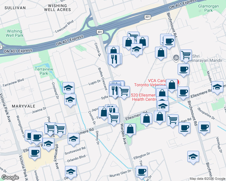 map of restaurants, bars, coffee shops, grocery stores, and more near 1554 Warden Avenue in Toronto