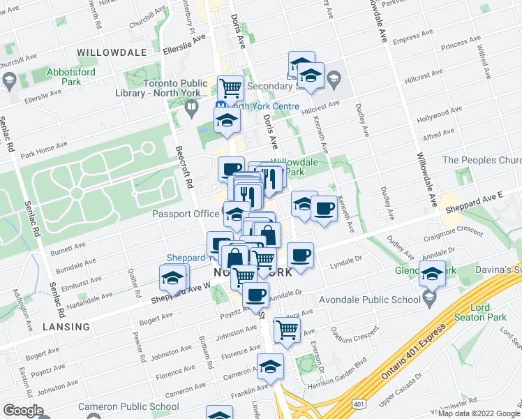 map of restaurants, bars, coffee shops, grocery stores, and more near 35 Greenfield Avenue in Toronto