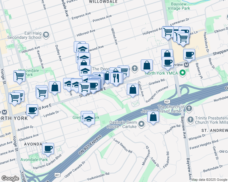 map of restaurants, bars, coffee shops, grocery stores, and more near 12 Texas Rose Way in Toronto