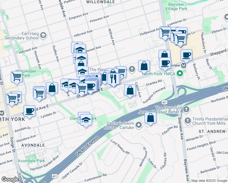 map of restaurants, bars, coffee shops, grocery stores, and more near in Toronto