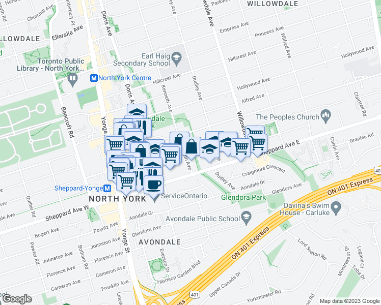 map of restaurants, bars, coffee shops, grocery stores, and more near in Toronto