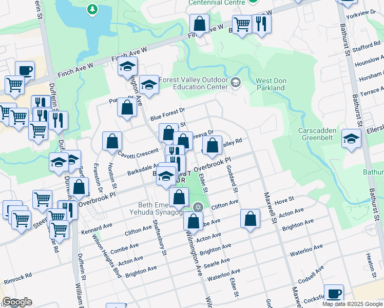 map of restaurants, bars, coffee shops, grocery stores, and more near in Toronto