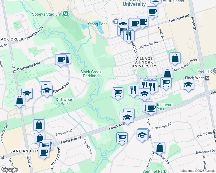 map of restaurants, bars, coffee shops, grocery stores, and more near 500 Murray Ross Parkway in Toronto