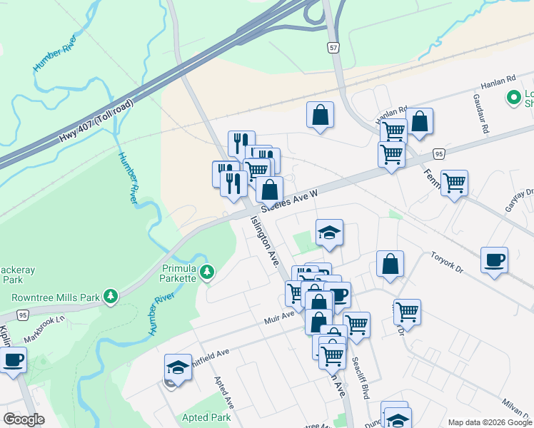 map of restaurants, bars, coffee shops, grocery stores, and more near 6127 Steeles Avenue West in Toronto