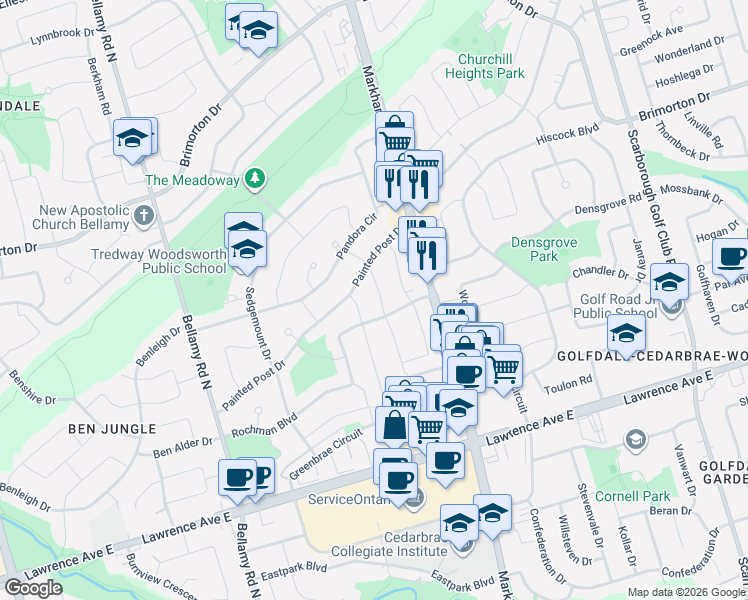 map of restaurants, bars, coffee shops, grocery stores, and more near 52 Sharbot Avenue in Toronto