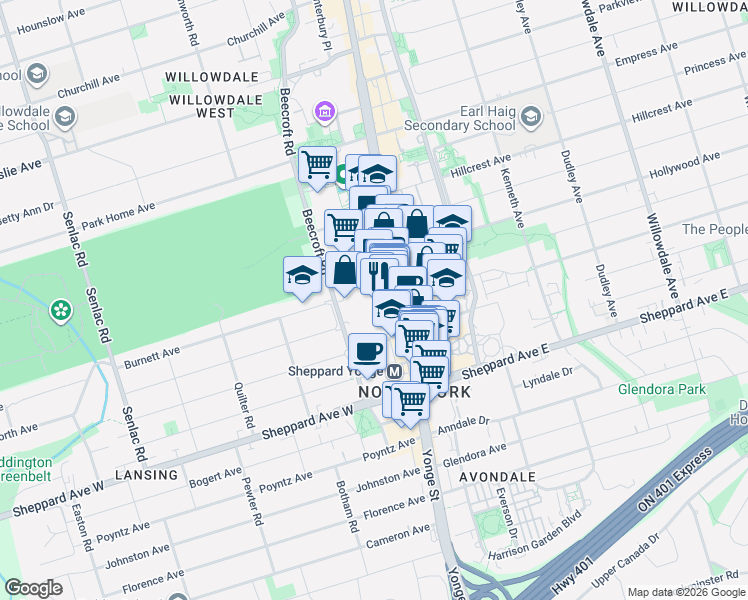 map of restaurants, bars, coffee shops, grocery stores, and more near 100 Upper Madison Avenue in Toronto