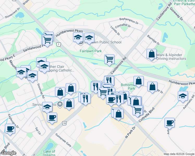 map of restaurants, bars, coffee shops, grocery stores, and more near 42 Rubysilver Drive in Brampton