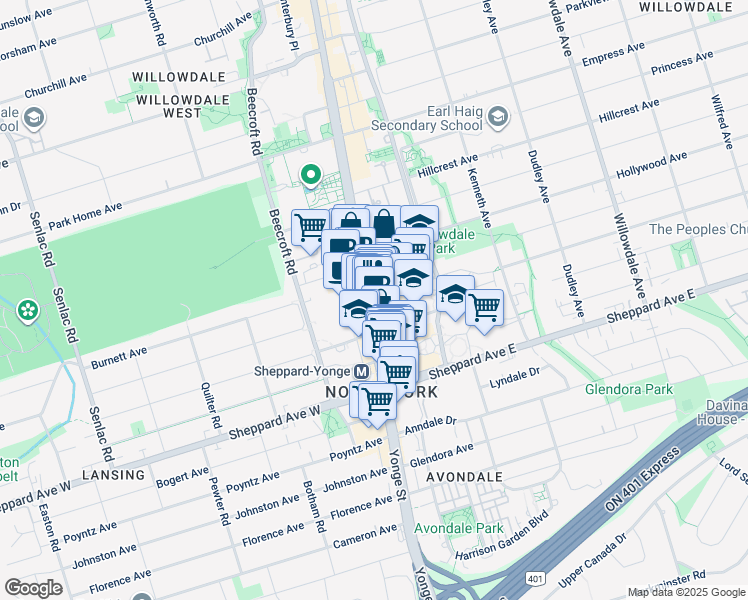 map of restaurants, bars, coffee shops, grocery stores, and more near 4909 Yonge Street in Toronto