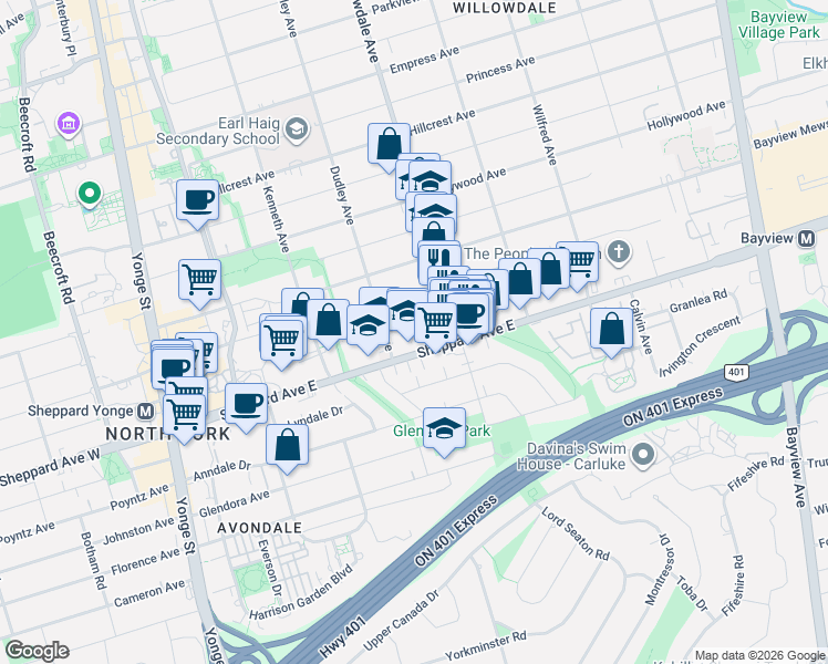 map of restaurants, bars, coffee shops, grocery stores, and more near 205 Maplehurst Avenue in Toronto