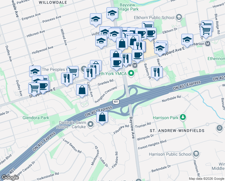 map of restaurants, bars, coffee shops, grocery stores, and more near 33 Irvington Crescent in Toronto