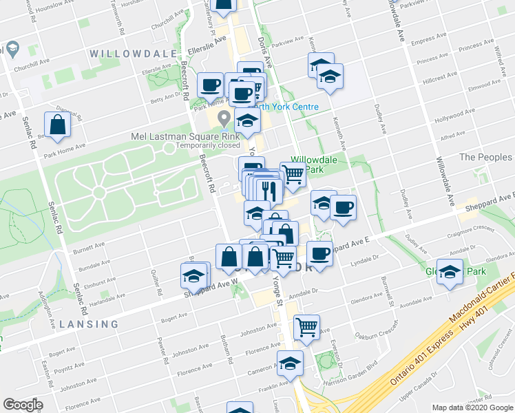 map of restaurants, bars, coffee shops, grocery stores, and more near 4918 Yonge Street in Toronto